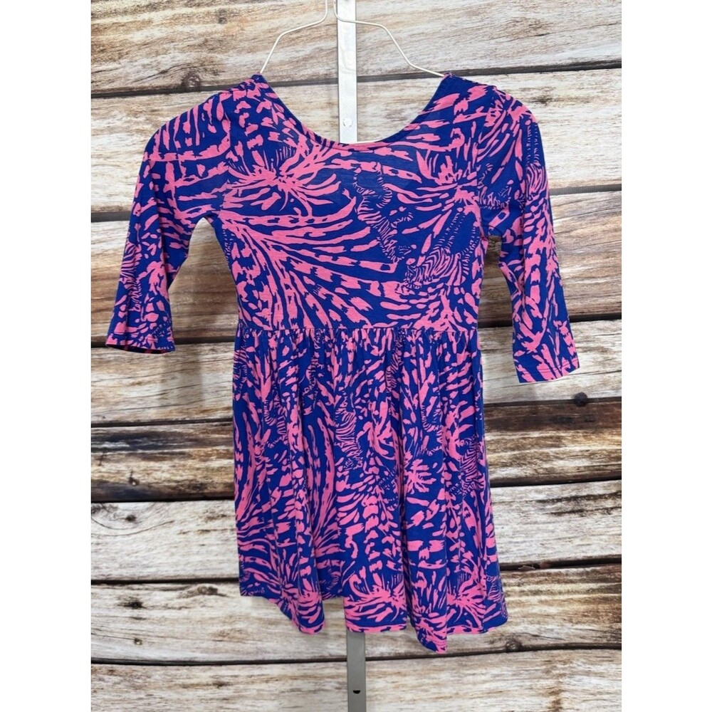 Lilly Pulitzer Girls Mini Evelyn Dress Sapphire Blu Rollin In Grass M 6-7